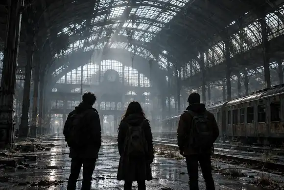 Trois silhouettes debout dans une gare abandonnée sous une froide lumière grise