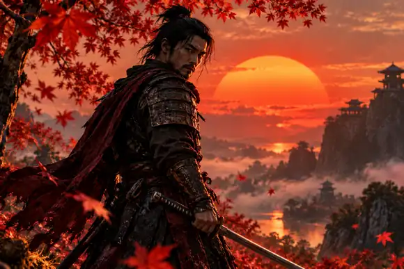 Un samouraï déterminé debout sous des feuilles d’automne, avec un soleil rouge lumineux derrière lui