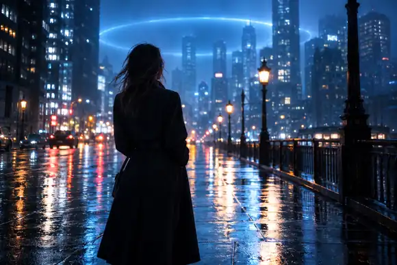 Une femme se tient seule dans une rue urbaine assombrie par la pluie, sous une douce aura bleue