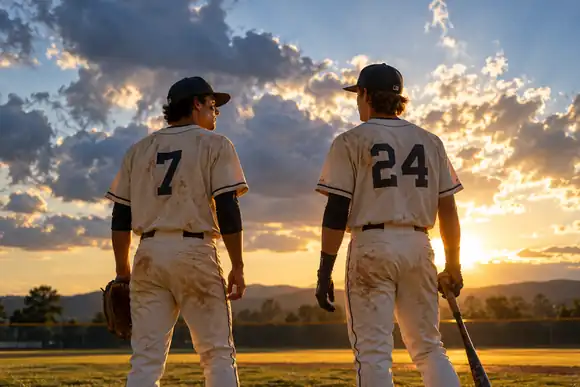 Deux joueurs de baseball debout sur un terrain lumineux sous des nuages spectaculaires