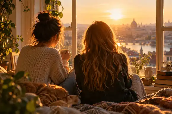 Deux jeunes amis sont assis près d’une fenêtre baignée de soleil, dans une tendre composition animée et chaleureuse