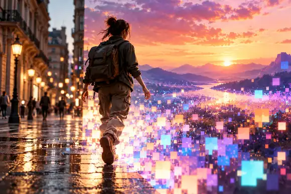 Un jeune voyageur animé passant d'une rue de la ville à un champ de pixels lumineux