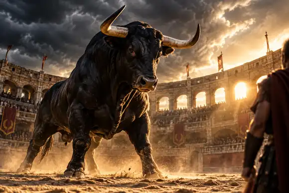 Un taureau noir puissant debout dans une arène antique baignée de soleil, sous un ciel orageux