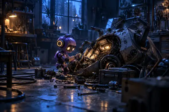 Un minuscule robot violet à côté d’une machine cassée dans un atelier bleu sombre