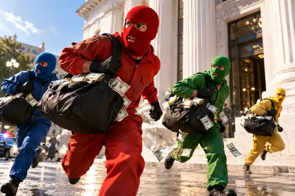 Des cambrioleurs de dessin animé masqués et hauts en couleur courant devant une banque blanche éclatante