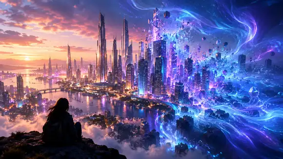 Une ville futuriste colorée se dissolvant en une énergie abstraite bleue et violette