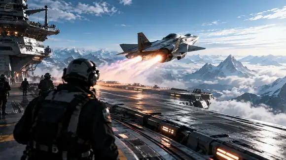 Un porte-avions futuriste se lance dans un ciel bleu froid, avec un cadrage d’action très contrasté