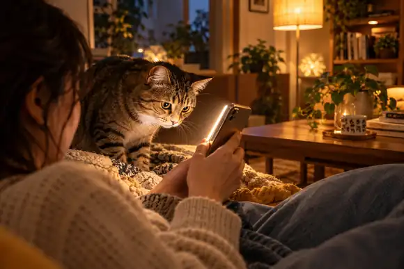 Un chat tigré curieux fixe un téléphone lumineux dans une maison chaleureusement éclairée