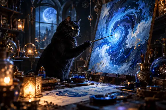 Un chat noir astucieux créant une œuvre d’art bleue tourbillonnante dans un studio magique sombre
