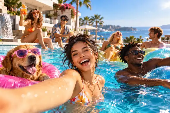 Des personnages animés colorés profitant d’une fête à la piscine sous le soleil, composition lumineuse et ludique