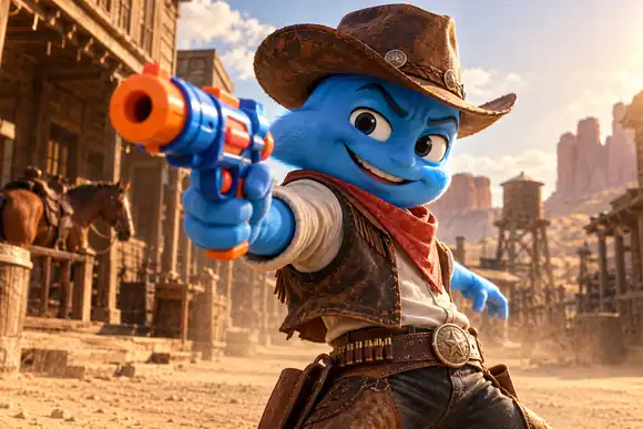 Un cow-boy bleu et humoristique de dessin animé visant avec un pistolet jouet dans une ville poussiéreuse de western
