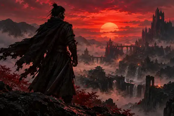Un guerrier masqué se tient sous un lever de soleil cramoisi dans un paysage de fantasy sombre