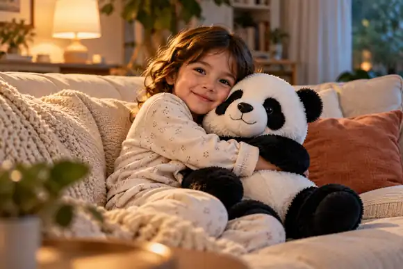 Un petit enfant serrant un panda en peluche contre lui sur le canapé d'un salon douillet