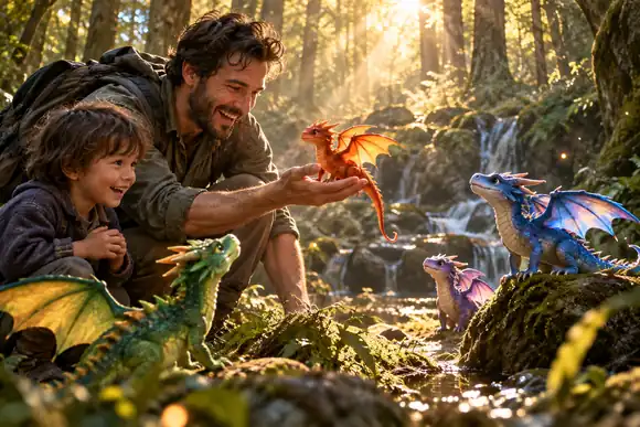 Un père joyeux découvre de petits dragons colorés dans une clairière forestière