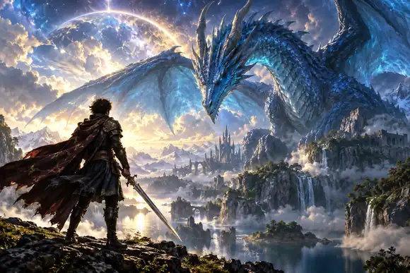 Un jeune guerrier fait face à un dragon bleu sous un ciel fantastique et lumineux