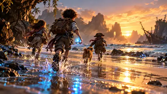 De petits aventuriers traversant en courant une plage lumineuse après avoir découvert une perle bleue