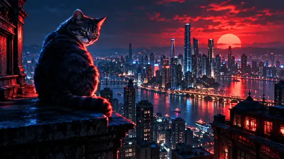 Un chat espiègle contemplant une silhouette urbaine stylisée sous un éclairage de bande dessinée bleu et rouge