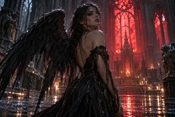 Une ange déchue debout dans une cathédrale trempée par la pluie, avec une lumière rouge derrière elle