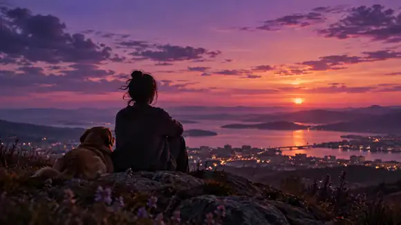 Une silhouette silencieuse se remémore quelqu’un sous un ciel violet du soir, dans un cadrage cinématographique nostalgique