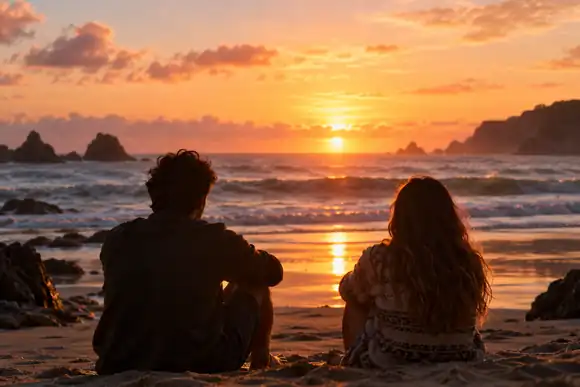 Deux amis contemplant les premières vagues au lever du soleil depuis une plage tranquille