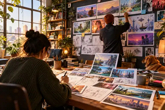 Un espace de création lumineux rempli de storyboards illustrés et de cartes multimédias colorées
