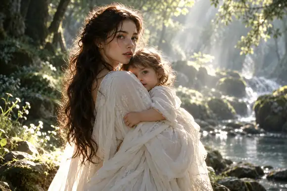 Une jeune femme mystérieuse vêtue de blanc tenant un enfant sous la douce lumière de la forêt