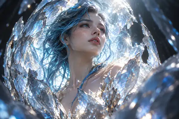 Un personnage aux cheveux bleus émergeant d'un cocon cristallin lumineux, dans un portrait fantastique