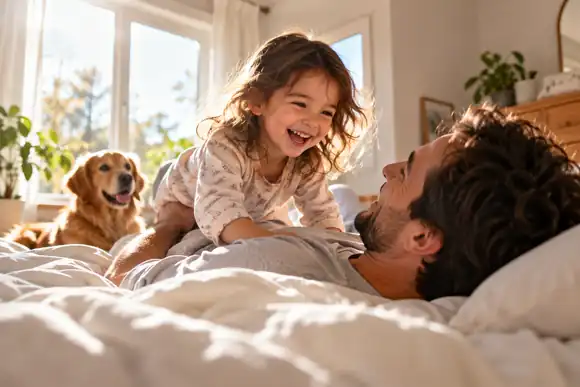 Un enfant et son parent partageant un moment de jeu matinal dans une chambre lumineuse