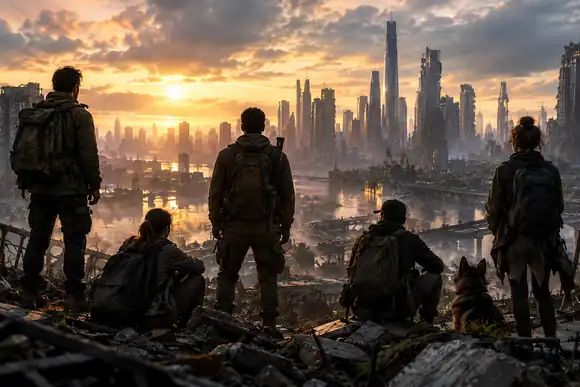 Un groupe de survivants se rassemble sous une silhouette urbaine moderne dans une scène dramatique et âpre