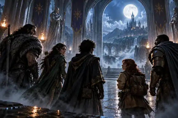 Une équipe d’aventuriers fantastiques debout dans une salle brumeuse éclairée par la lune, affiche illustrée aux couleurs vives