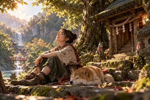 Un personnage animé calme se reposant près d’un petit sanctuaire forestier dans la douce lumière de l’après-midi