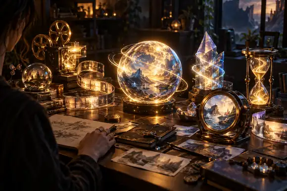 Une collection d’objets fantastiques lumineux disposés sur une table de travail de designer sombre