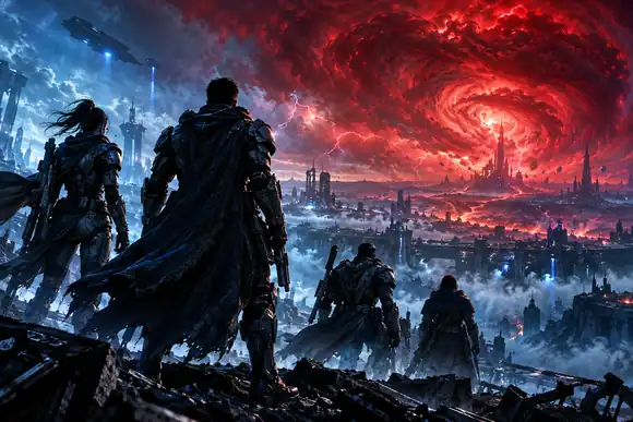 Des héros en armure affrontant une tempête rouge sur un champ de bataille futuriste, éclairage bleu intense