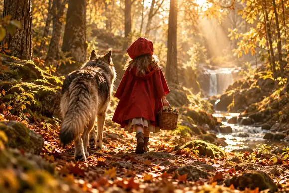Un enfant doux vêtu de rouge marche avec un loup à travers une forêt dorée baignée de soleil