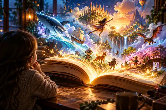 Un livre magique ouvert libérant une lumière colorée et de minuscules personnages de conte