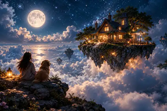 Une maison magique flottant parmi les nuages sous un ciel étoilé éclairé par la lune