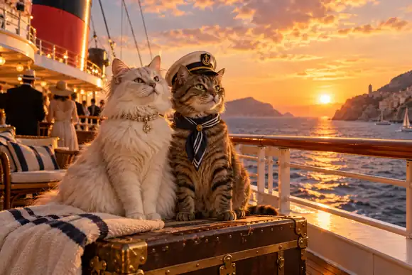 Deux chats élégants posent à bord d’un paquebot fantaisiste à l’heure dorée