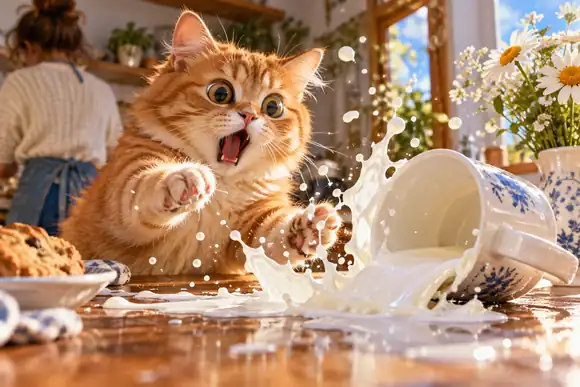 Un chat orange surpris réagissant à une éclaboussure de lait dans une scène de bande dessinée lumineuse