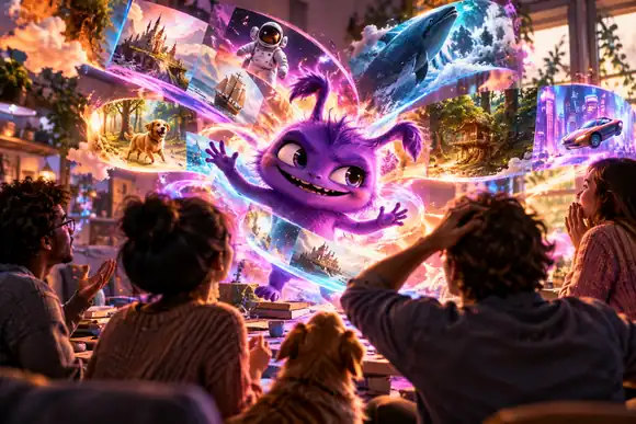 Une créature violette espiègle de dessin animé entourée de couleurs électriques et d’amis déconcertés
