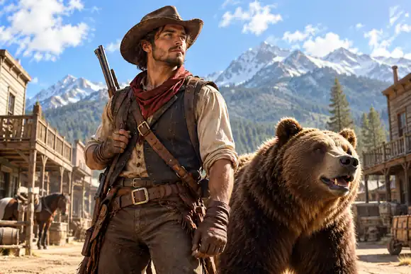 Un jeune chasseur d’ours courageux debout dans une ville de western sous un ciel éclatant