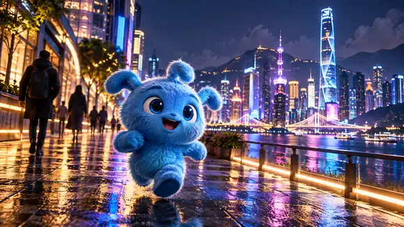 Une mascotte bleue espiègle dans une ville néon illuminée la nuit, cadrage large cinématographique