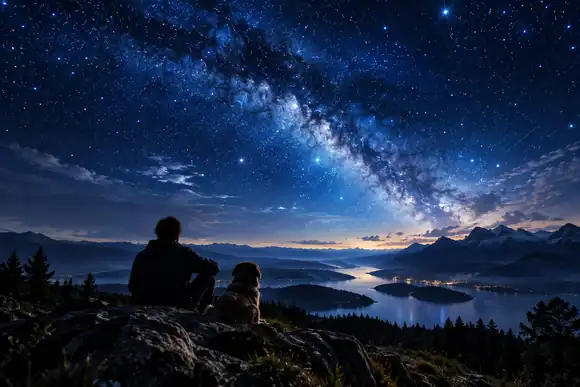 Un ciel nocturne d'un bleu profond et lumineux, rempli d'étoiles au-dessus d'un paysage paisible
