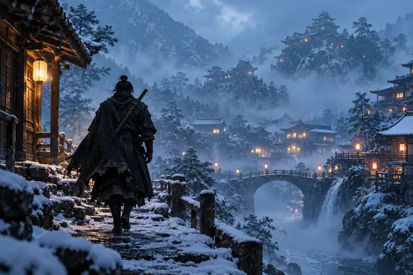 Un ninja solitaire traversant un village de montagne enveloppé de brume bleue sous la neige qui tombe
