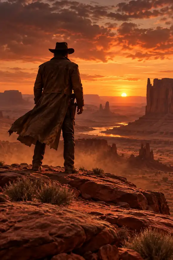 Un hors-la-loi solitaire dans un paysage rouge poussiéreux, cadré comme une affiche de western dramatique