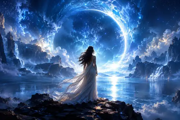 Une illustration fantastique soignée avec une figure lumineuse encadrée par une lumière bleu profond
