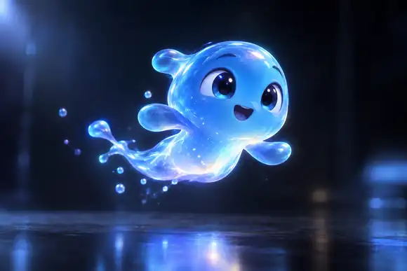 Une petite mascotte d’animation bleue lumineuse flottant sur un fond de studio sombre