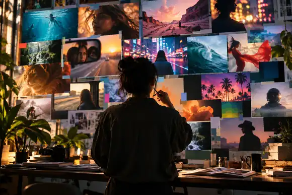 Un tableau de remix cinématographique avec des images vidéo colorées et un directeur artistique au travail