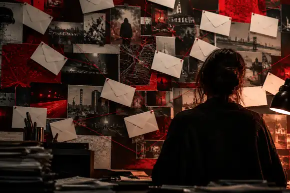 Des enveloppes blanches sont éparpillées sur un tableau criminel graphique rouge et noir