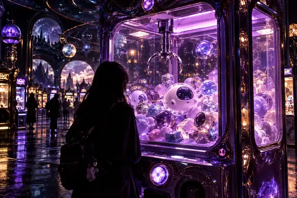 Une mystérieuse machine à pinces violette brillant au cœur d’une salle d’arcade surréaliste à minuit