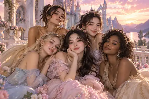 Un groupe d’amis glamour pose ensemble dans une scène fantastique royale aux tons pastel et doux